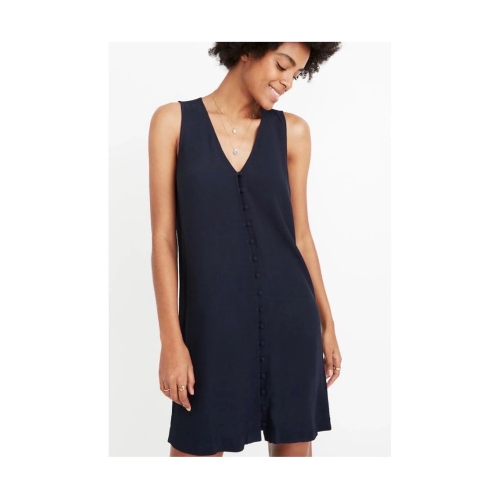 Madewell Heather Dress Womens XS Navy Blue Button Front V-Neck Mini Shift Casual